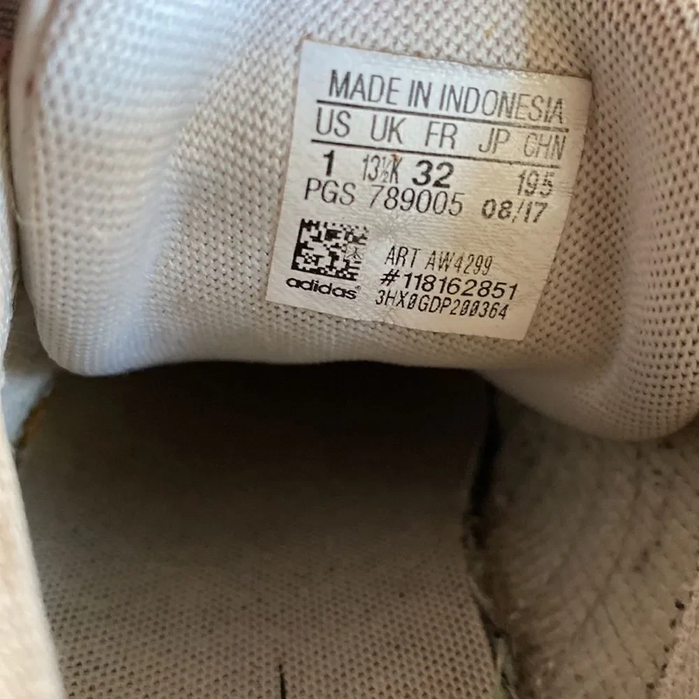 TWO pairs of ADIDAS white sneakers, sizes 13 and 1.